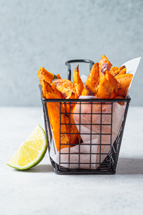 Sweet Potato Fries in a Metal Basket Closeup
